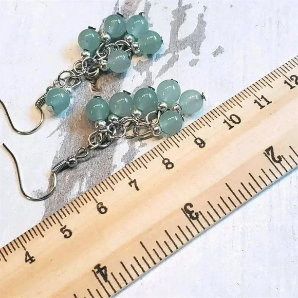 Malaysia Jade Green Gemstone Bead Dangle Silver Platinum Plated Earrings - Picture 10 of 10